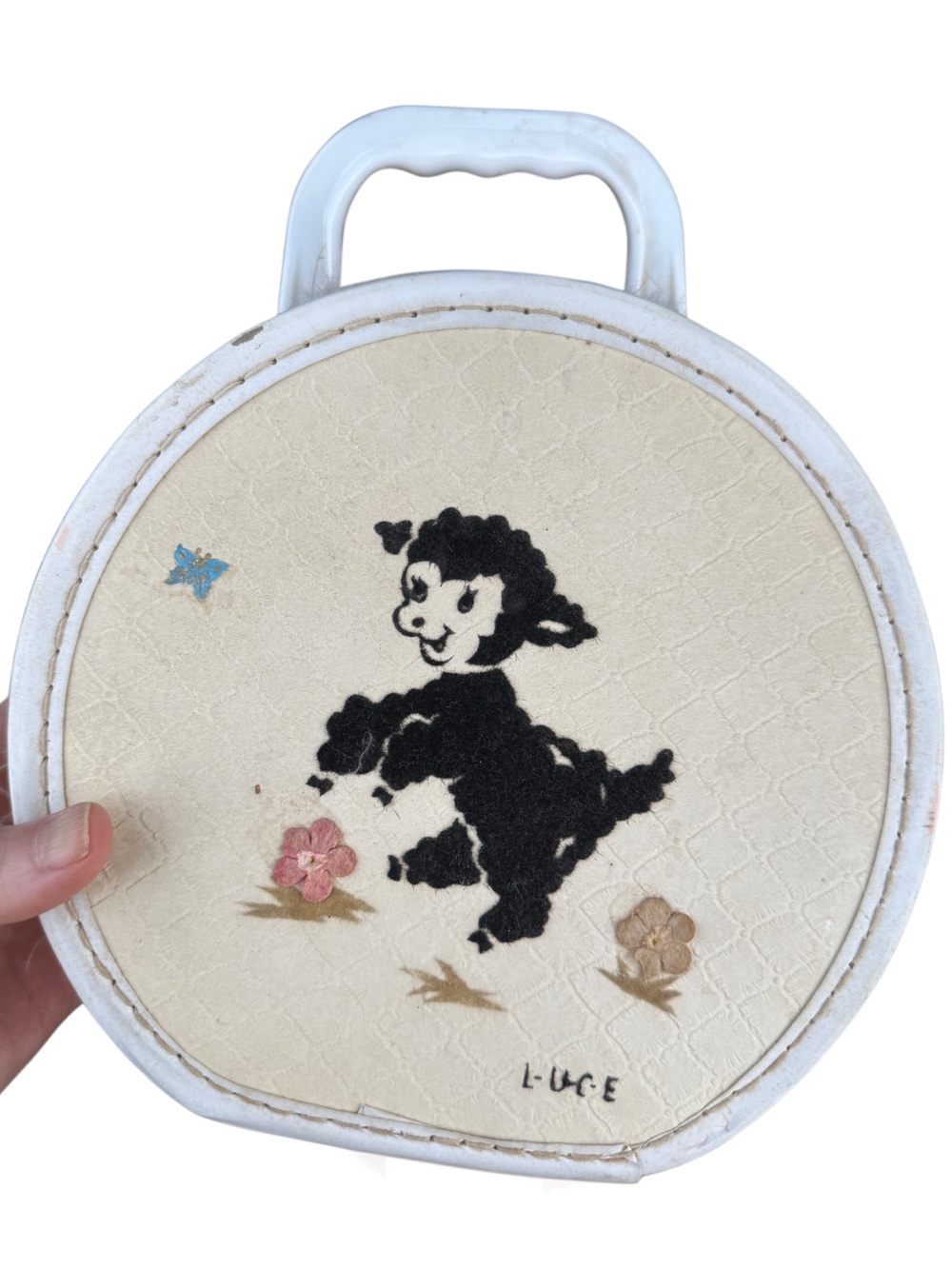 1950's LUCE Child's Doll Suitcase Vanity Train Case 8" Round fur brass lamb